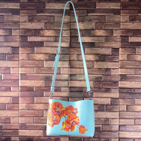 Womens Charles & Keith Shoulder Bag Teal w/ Hand Painted Flowers - Picture 9 of 13